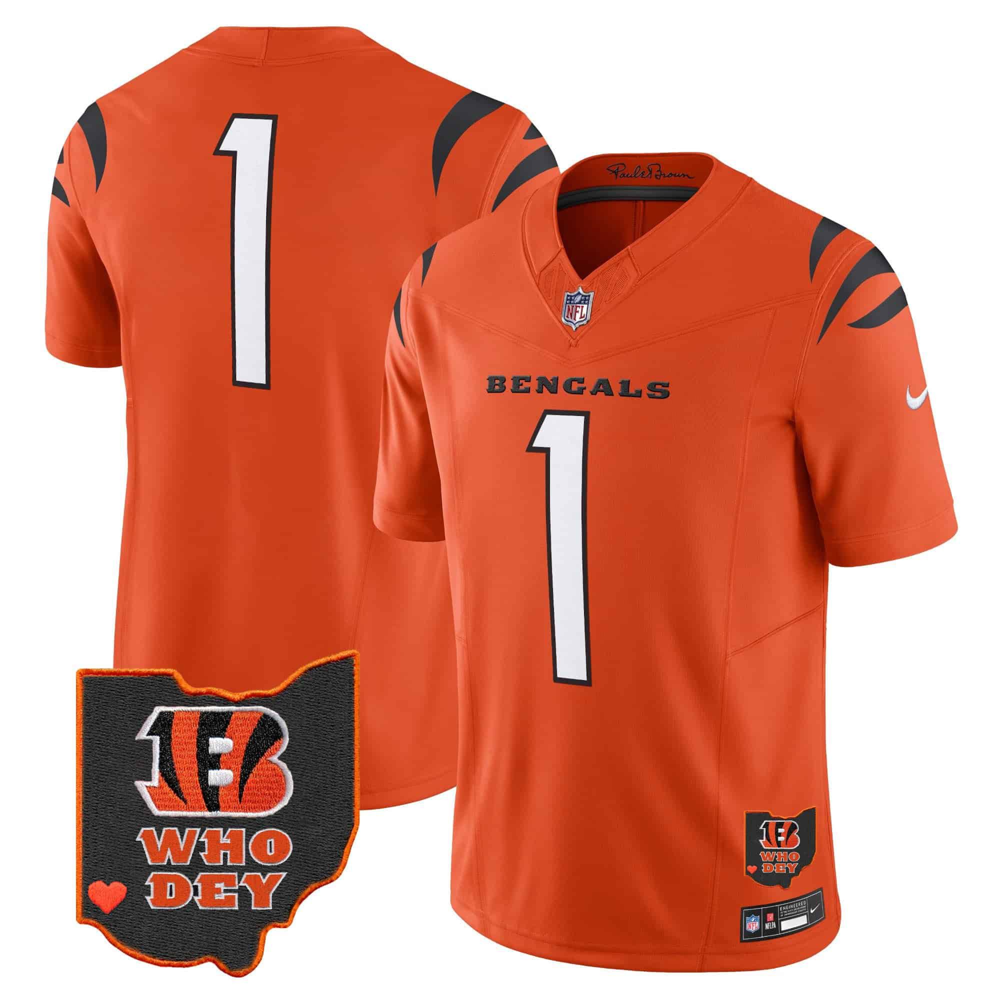 Men Cincinnati Bengals #1 Chase Orange 2024 Nike Patch Vapor Limited NFL Jersey style 1
